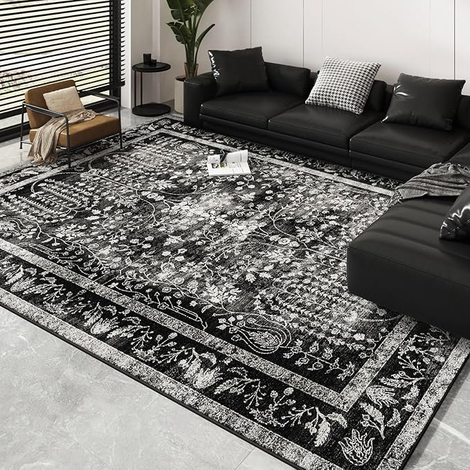 Area Rugs 5x7, Machine Washable Vintage Black Rugs for Living Room Large Carpets Indoor Floor Non Slip Distressed Rug Soft Area Rug for Bedroom Dining Room Home Office | Black