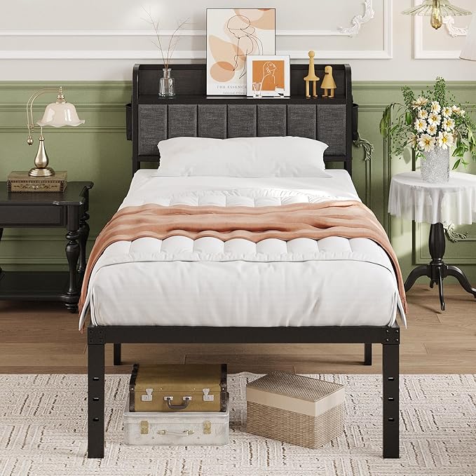 16 Inch Twin XL Bed Frames with Upholstered Storage Headboard, Heavy Duty XL Twin Bed Frame No Box Spring Need, Gray