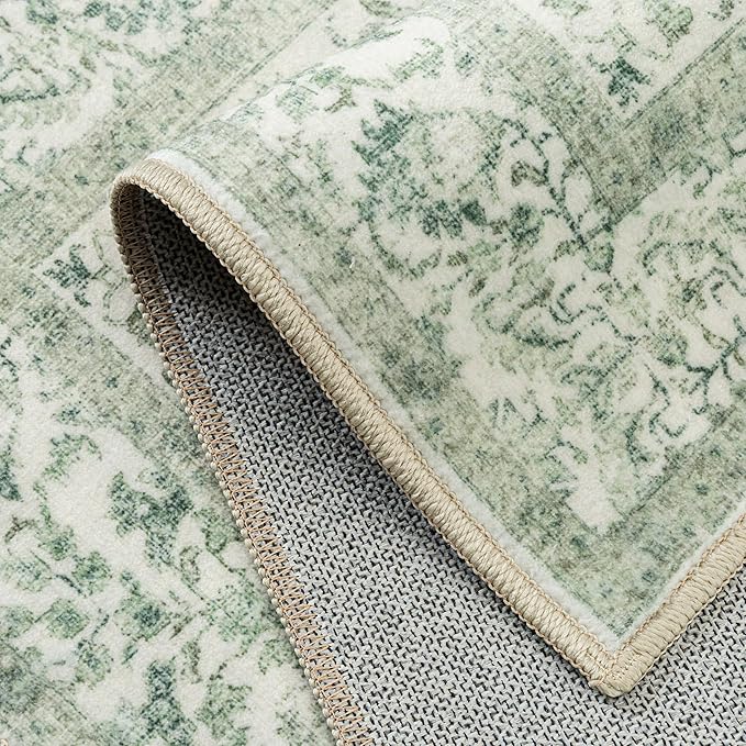 Sage Green Area Rug 5x8 Living Room Washable Carpet Vintage Distressed Non Slip Kitchen Carpet Neutral Low Pile Retro Floral Farmhouse Throw Rug for Home Office Bedroom Laundry Dining Room