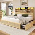 Queen Size Rattan Bed Frame with 4 Storage Drawers and Hidden Storage Headboard Wooden Platform Bed Frame with LED Lights and Charging Station, No Box Spring Needed, Easy Assembly, Natural