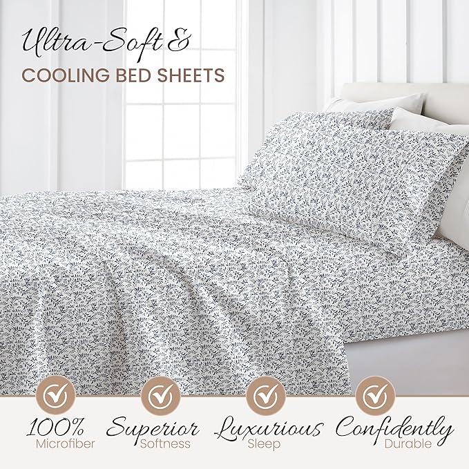 Linen Market Double-Brushed Patterned Microfiber Full Sheet Set 4 Piece – Oeko-TEX Certified Ultra Soft & Wrinkle-Free - 16" Deep Pocket Sheets - Easy Care Full Size - Burst of Vines Navy