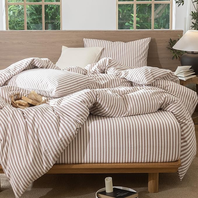 MooMee Striped Duvet Cover Set 100% Washed Cotton Linen Like Textured Breathable Durable Soft Comfy (Orange Classic Stripes, Palatial King/Oversized King 120"x98")