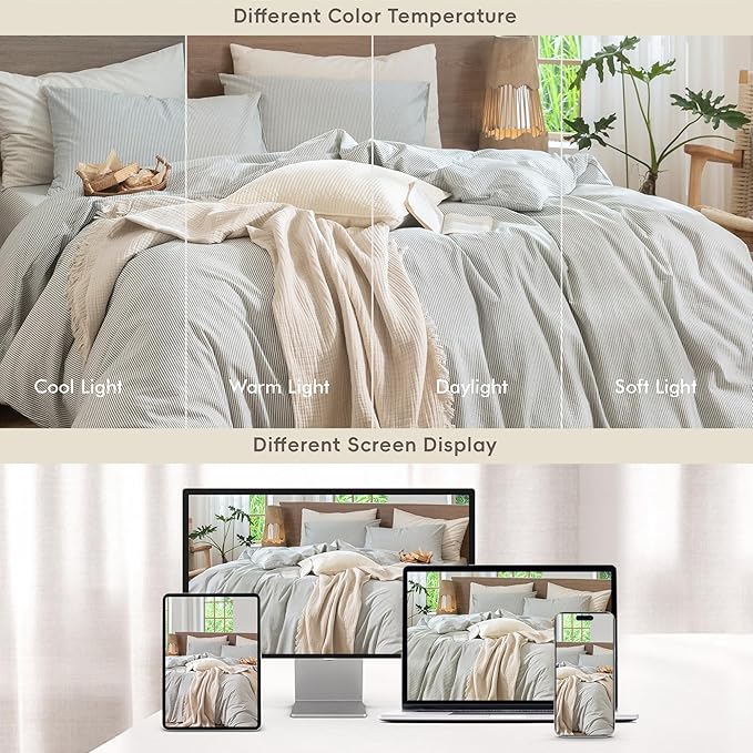 MooMee Striped Duvet Cover Set 100% Washed Cotton Linen Like Textured Breathable Durable Soft Comfy (Heathered Green Pinstripes, Palatial King/Oversized King 120"x98")