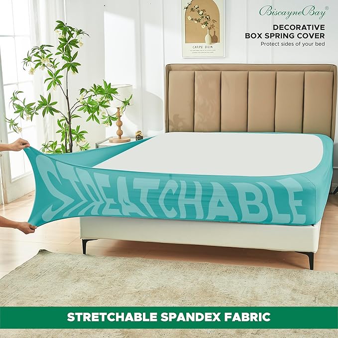 Biscaynebay Decorative Box Spring Cover Queen Size, Aqua Luxurious Jersey Knitting Stretchy Wrap Around 4 Sides Bed Skirt for Home/Hotels, Easy Fit Wrinkle & Fade Free Machine Washable