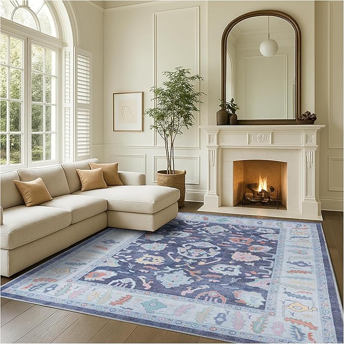 Fame Rugs Navy Blue Modern Oushak Rug 3x5, Washable Vintage Turkish Colorful Oriental Antique Inspired Foldable Small Area Rugs, Luxury Living Room Bedroom (388NB, 2'6" x 5')