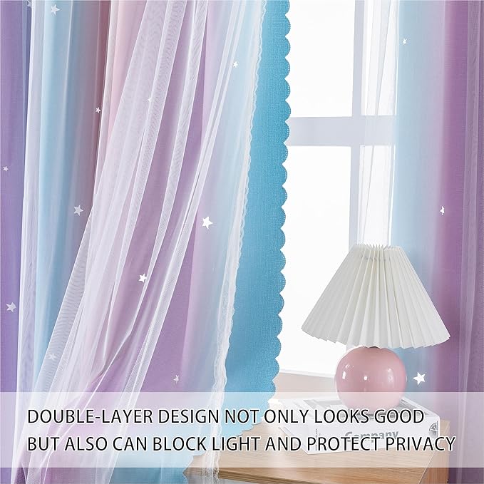 XiDi Dream Star Blackout Curtains for Kids Rooms Girl Princess Curtain for Daughter Bedroom 84 inches Long (Pink Purple, W52 X L84)
