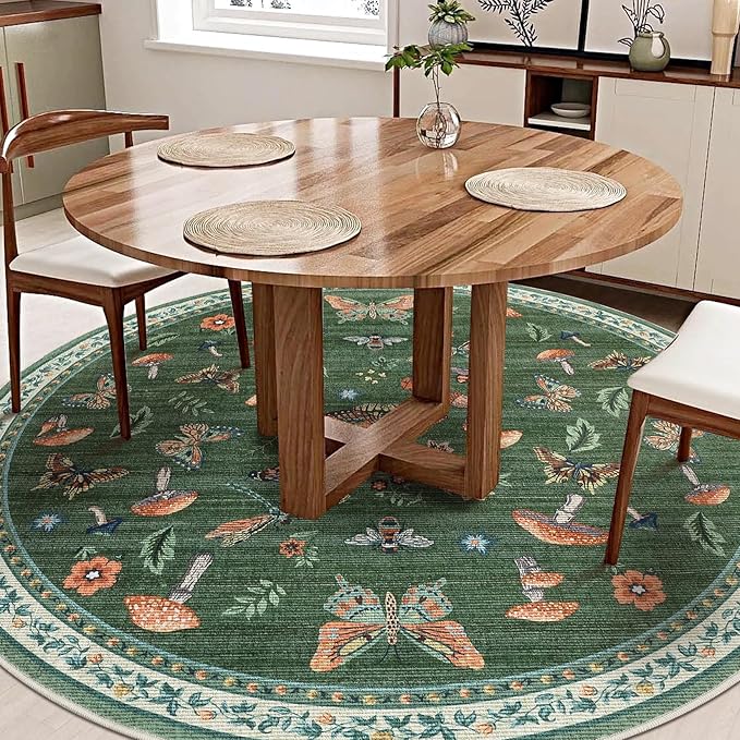 Mushroom Insect 4ft Round Rug Washable Non-Slip Soft Ultra-Thin Small Boho Circle Carpet for Entryway Kitchen Bedroom Nursery Dining Room Green