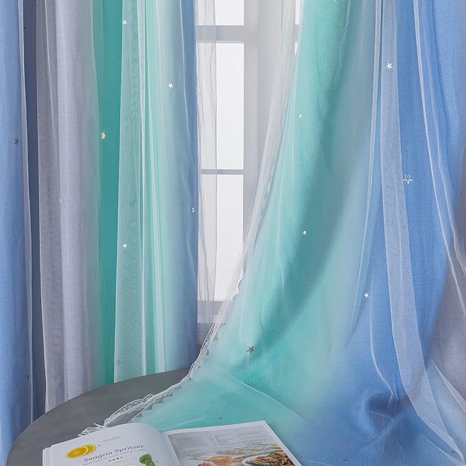 XiDi Curtains for Bedroom Decor, Rainbow BluGrenGrey-52-45