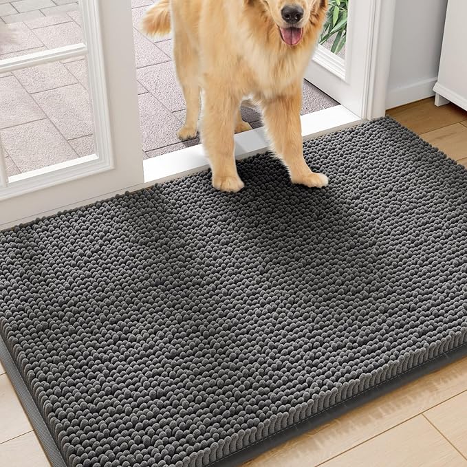 Amyracel Dirt Trapping Door Mat, 24" x 48" Large Absorbent Dog Door Mat for Muddy Paws, Quick Dry Non Slip Chenille Mud Mat for Dogs, Machine Washable Entry Indoor Entryway Rug for Inside Floor