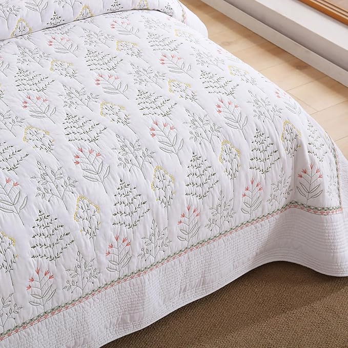 MarCielo 3-Piece 100% Cotton Oversized Bedspread Lightweight Quilt Coverlet Embroidery Farmhouse Bedding Set(TL Floral White,Oversized Queen (100"x106"))