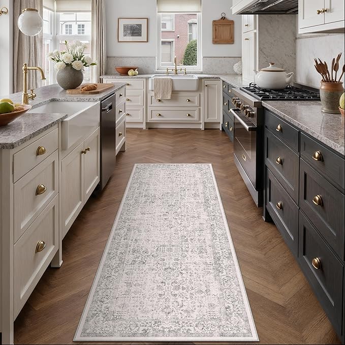 Gray Runner Rug 2x5 Hallway Machine Washable Kitchen Vintage Distressed Non Slip Carpet Indoor Grey Retro Floral Bedroom Accent Throw Rug for Bathroom Office Laundry Dining Living Room