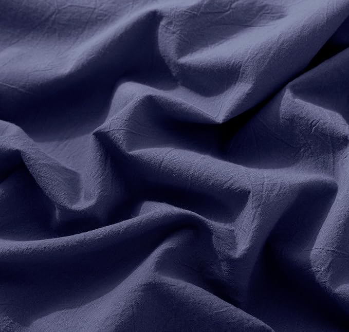 MooMee Fitted Bottom Sheet Only 100% Washed Cotton Linen Like Textured Breathable Durable Soft Comfy Deep Pocket Fits Mattress up to 17" (Dark Blue, Twin)