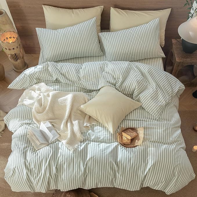 MooMee Striped Duvet Cover Set 100% Washed Cotton Linen Like Textured Breathable Durable Soft Comfy (Sage Green White Classic Stripes, Cal King 104"x98")