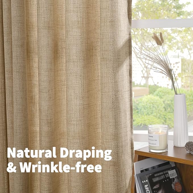 YoungsTex Burlap Linen Curtains 63 Inch Length 2 Panels for Bedroom, Toffee Tan Semi Sheer Drapes Textured with Bronze Grommet Light Filtering for Living Room Farmhouse, 52 X 63 Inch