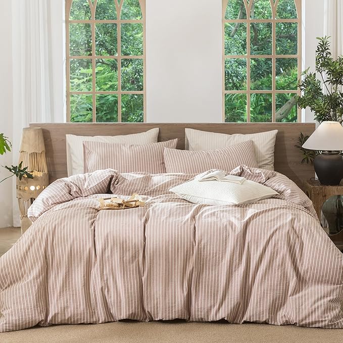 MooMee Striped Duvet Cover Set 100% Washed Cotton Linen Like Textured Breathable Durable Soft Comfy (Orange White Wide Stripes, Twin 68"x90")