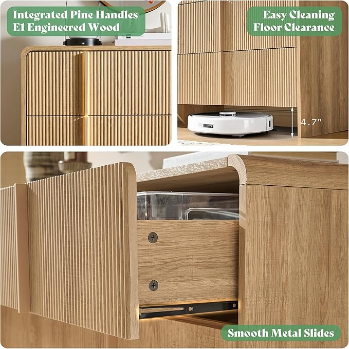 AMERLIFE 63" Fluted 6 Drawer Dresser, Long Modern Chest of Storage Drawers with Pine Handles, Rounded Corners & Anti-Tip Design, Wood Closet Organizer for Bedroom, Living Room, Nursery, Natural Oak