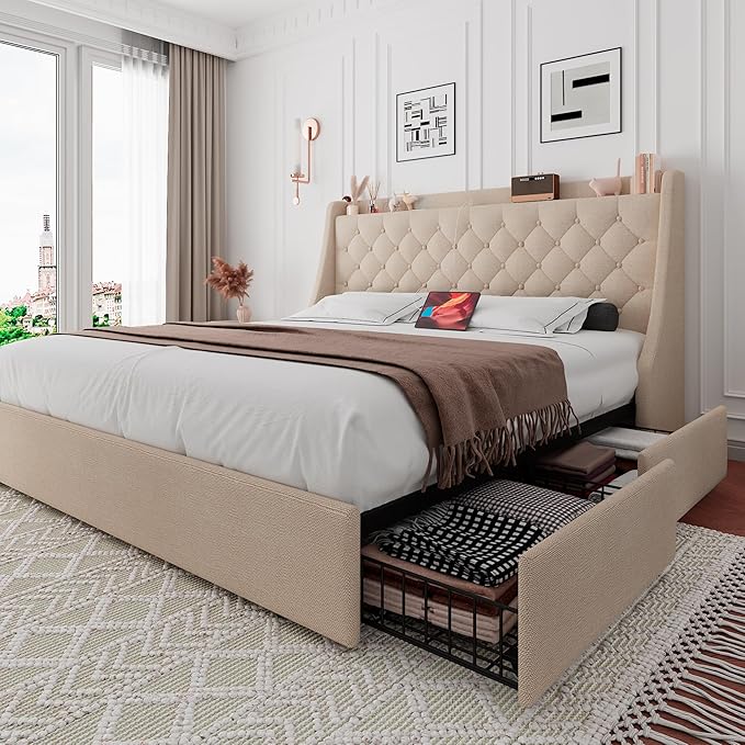 iPormis Queen Bed Frame with 4 Storage Drawers, Upholstered Platform Bed Frame with Type-C & USB Ports, Wingback Storage Headboard, Solid Wood Slats, No Box Spring Needed, Beige