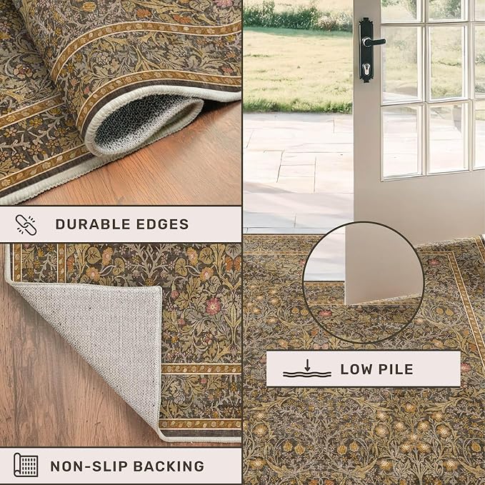 Washable Living Room Rug 10x12 - Brown Oriental Area Rug for Dining Room Under Table, Low Pile Non-Slip Floor Decor for Bedroom Under Bed - Vintage Earthy Design & Stain Resistance