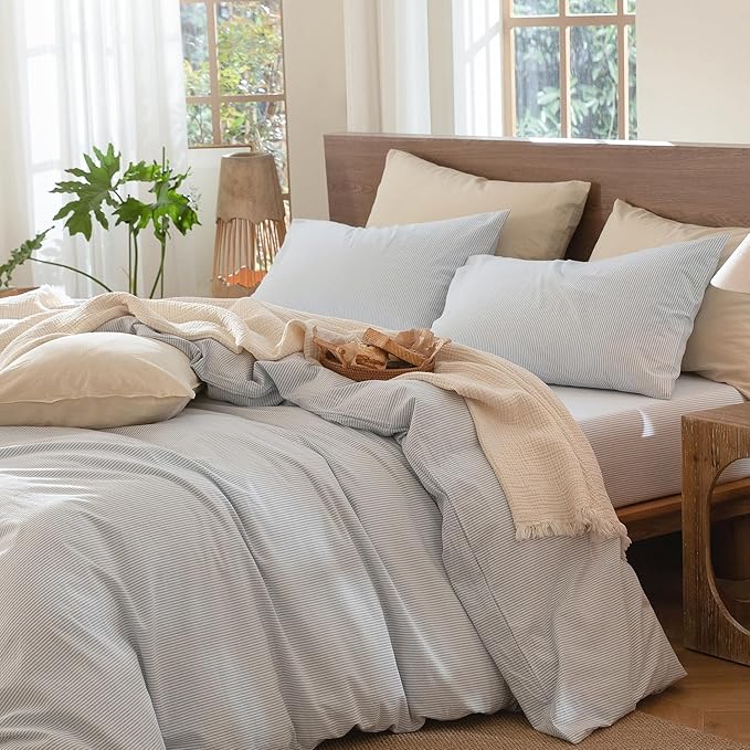 MooMee Striped Duvet Cover Set 100% Washed Cotton Linen Like Textured Breathable Durable Soft Comfy (Cornflower Blue White Pinstripes, Oversized Queen 98"x98")