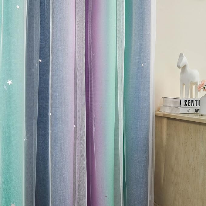 XiDi Curtains for Bedroom Decor, Rainbow Purplgreen grey34/90