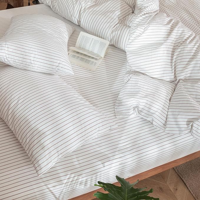 MooMee Striped Duvet Cover Set 100% Washed Cotton Linen Like Textured Breathable Durable Soft Comfy (White Orange Wide Stripes, Oversized Queen 98"x98")