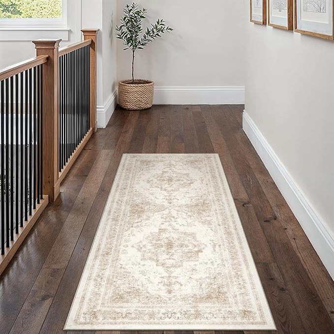 Runner Rug 2x5 Cream Hallway Washable Beige Carpet Non Slip Vintage Medallion Beige Carpet Low Pile Soft Distressed Retro Indoor Long Rug for Entryway Kitchen Bathroom Laundry Bedroom