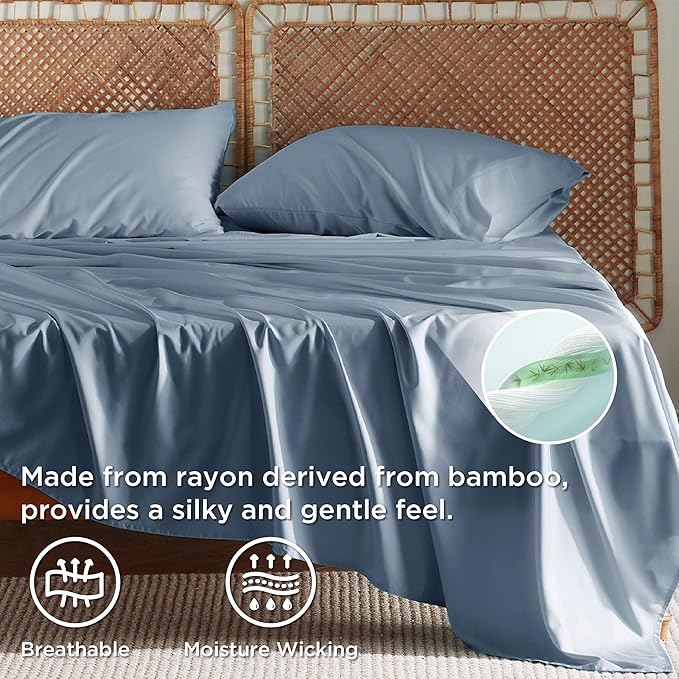 Bedsure King Size Sheets Set, Cooling Sheets for Hot Sleepers, Rayon Derived from Bamboo, Breathable & Soft, Deep Pocket Up to 16 Inches, Hotel Luxury Silky Bedding, Dusty Blue