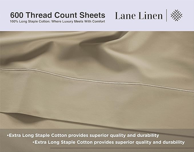 LANE LINEN 600 Thread Count 100% Mercerized Cotton Full Bed Sheets Set, Ultra Soft Sateen Weave Fully Elasticized Fitted, Soft & Comfy Natural Cooling Full Sheet & Pillowcase Set - Linen