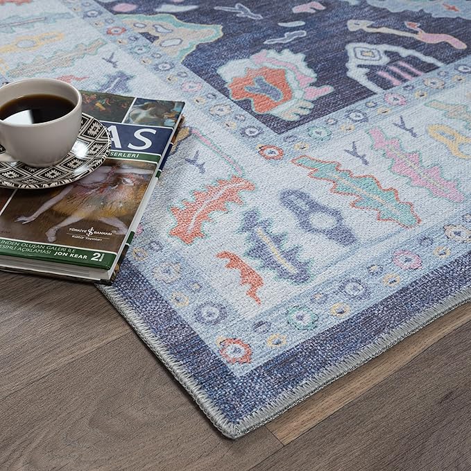 Fame Rugs Navy Blue Modern Oushak Rug 2'6"x10, Vintage Turkish Colorful Oriental Antique Inspired Foldable Long Washable Runner Rugs, Luxury Living Room Bedroom (388NB, 2'6" x 10')