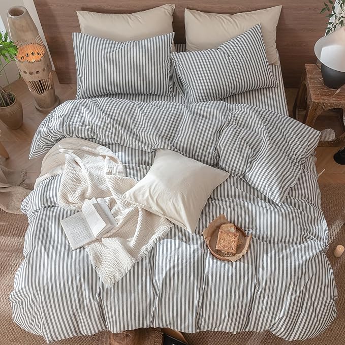 MooMee Striped Duvet Cover Set 100% Washed Cotton Linen Like Textured Breathable Durable Soft Comfy (Dark Grey White Classic Stripes, Super King 108"x98")