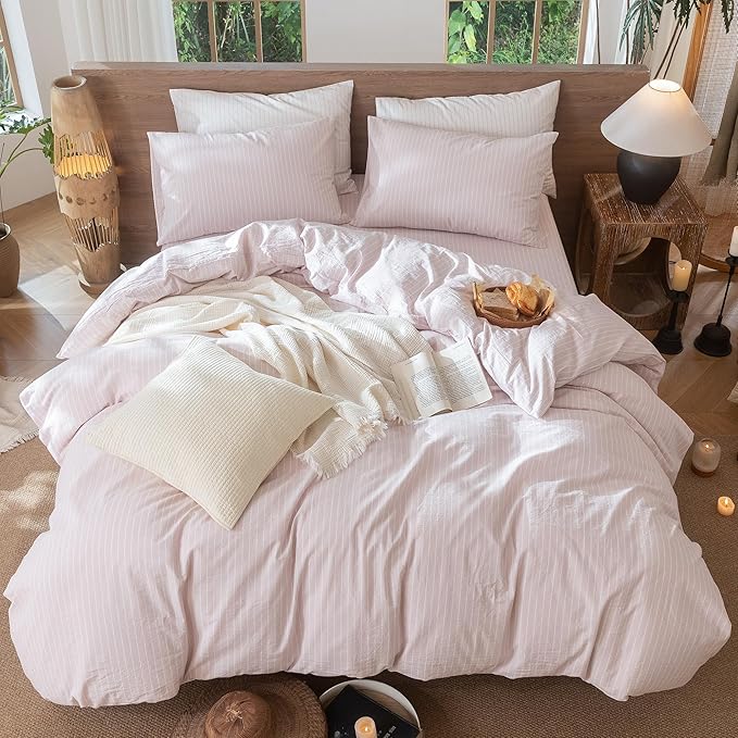 MooMee Striped Duvet Cover Set 100% Washed Cotton Linen Like Textured Breathable Durable Soft Comfy (Heathered Greyish Pink White Wide Stripes, Queen 90"x90")