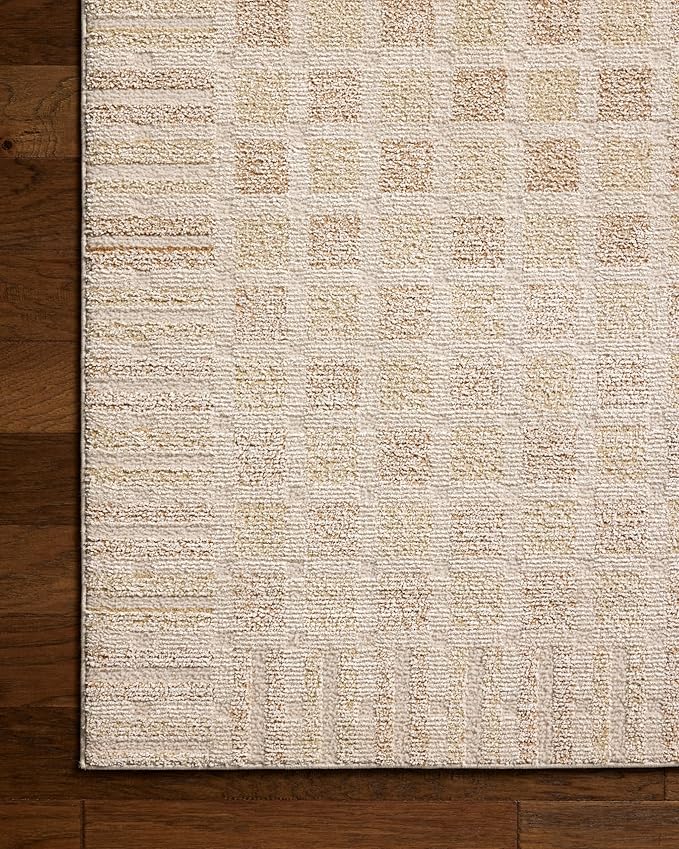 Loloi Chris Loves Julia Calvin Collection CLV-03 Bone/Natural 2'-7" x 7'-6" Runner Rug Checkered Neutral Soft Living Room Bedroom Carpet