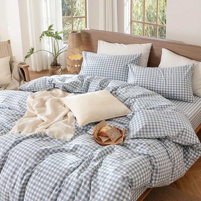 MooMee Gingham Duvet Cover Set 100% Washed Cotton Linen Like Textured Breathable Durable Soft Comfy Modern Checkered Design (Classic Gingham Cornflower Blue, Oversized Queen 98"x98")