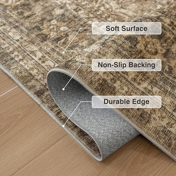 FMFUNCTEX 6x9 Washable Area Rug Brown Vintage Neutral Distressed Large Non Slip Carpet for Living Room Bedroom Soft Low Pile Indoor Mat Retro Floral Throw Rug for Dining Room Kitchen Office Nursery