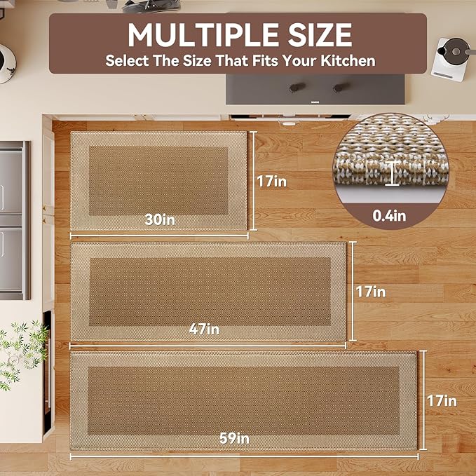 Anti Fatigue Kitchen Mats for Floor, Super Absorbent Kitchen Rugs Non Slip Washable, Soft Linen Braided Kitchen Runner Rug, Standing Mat Kitchen Sink Mat, Easy to Clean, Brown 17x30