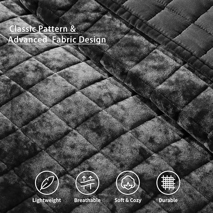 LEAONME Velvet Quilt King Size-98''x106'', Lightweight Black Velvet Comforter Set with 2 Pillow Shams, Soft Bedspread Coverlet Quilted Bedding Set for All Season