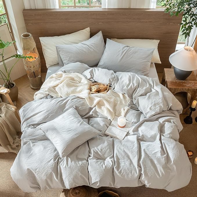 MooMee Wavy Striped Duvet Cover Set 100% Washed Cotton Linen Like Textured Breathable Durable Soft Comfy (Light Grey, Twin 68"x90")