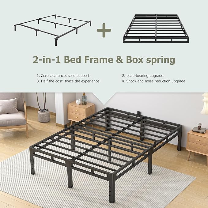 NKZ King Size Bed Frame 14 Inch, Metal Bed Frame & Box Spring 2 in 1 Platform with Round Corner Legs, 4000lbs Weight Capacity Reinforced Metal Frame, Headboard Hole, Noise-Free, Easy Assembly