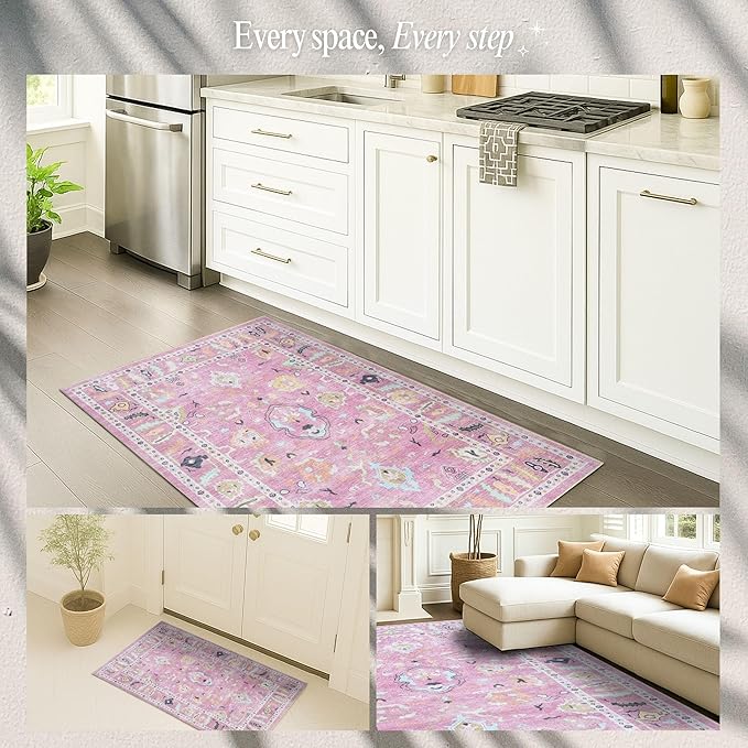 Fame Rugs Pink Modern Oushak Rug 3x5, Washable Vintage Turkish Colorful Oriental Antique Inspired Foldable Small Area Rugs, Luxury Living Room Bedroom (995PP, 2'6" x 5')