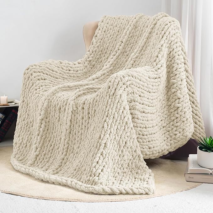 Chunky Knit Throw Blanket 50"X 60", 100% Handmade with Soft Chenille Yarn, 4.4lbs Thick Cable Knitted Blankets, Large Rope Knot Crochet Throws for Couch Sofa Bed Home Decor, Beige