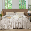 MooMee Gingham Duvet Cover Set 100% Washed Cotton Linen Like Textured Breathable Durable Soft Comfy Modern Checkered Design (Tannish Linen Grey Gingham, Twin 68"x90")