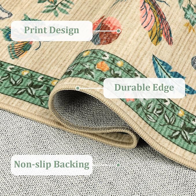 Mushroom 3x5 Area Rug Washable Non-Slip Small Indoor Rugs for Entryway with Rubber Back Soft Low-Pile Carpet for Kitchen Bedroom Living Room Mat Khaki Green