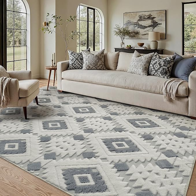 Ivory Grey 4x6 Area Rug Washable Moroccan Shag Office Carpet Non Slip Soft Neutral Boho Floor Mat Plush Pile Throw Rug for Entryway Kitchen Dining Room Bedroom Living Room