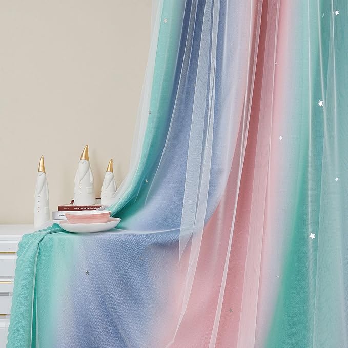 XiDi Curtains for Bedroom Decor, Rainbow Pinkgreen grey34/96