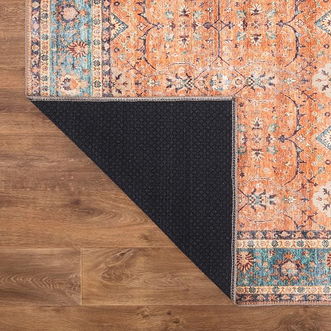 Bloom Rugs Washable Non-Slip 8' x 10' Rug - Orange/Teal Blue Traditional Bordered Area Rug for Living Room, Bedroom, Dining Room, and Kitchen - Exact Size: 8' x 10'