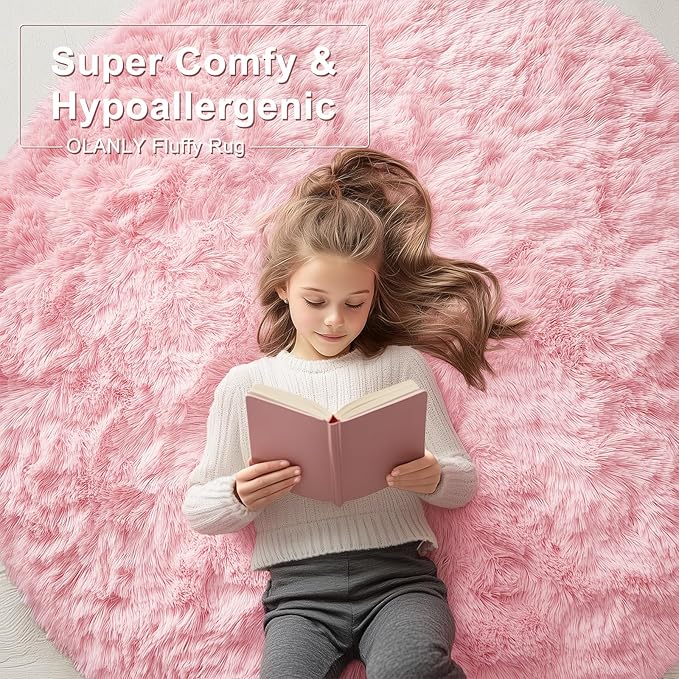OLANLY Pink Round Rugs for Bedroom - Machine Washable, 3 ft Circle Area Rugs for Living Room, Soft and Fluffy Shaggy Carpet for Teen Girls and Boys, Nursery Rooms, Dorms, Home Decor Aesthetic