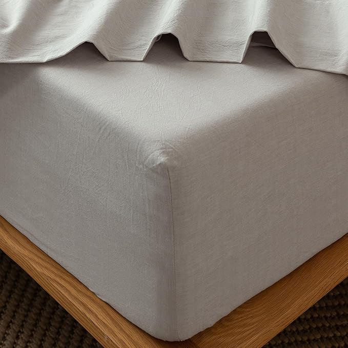 MooMee Fitted Bottom Sheet Only 100% Washed Cotton Linen Like Textured Breathable Durable Soft Comfy Deep Pocket Fits Mattress up to 17" (Natural Linen, Queen)