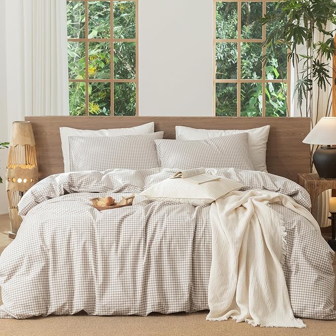 MooMee Gingham Duvet Cover Set 100% Washed Cotton Linen Like Textured Breathable Durable Soft Comfy Modern Checkered Design (Mini Gingham Tannish Linen Grey, Queen 90"x90")