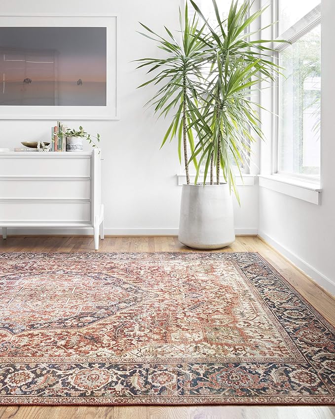 Loloi Layla Collection LAY-08 Red/Navy 2'-3" x 3'-9" .13" Thick Accent Rug, Soft, Durable, Vintage Inspired, Distressed, Low Pile, Non-Shedding, Easy Clean, Printed, Living Room Rug