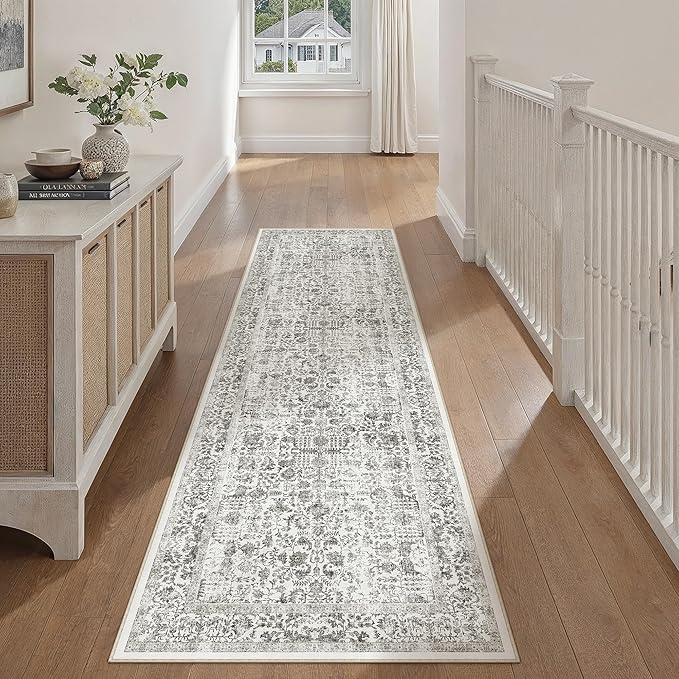 Black Runner Rug 2'6"x14' Washable Carpet for Hallway Kitchen Vintage Distressed Non Slip Indoor Retro Floral Bedroom Accent Throw Long Rug Bathroom Office Laundry Dining Living Room